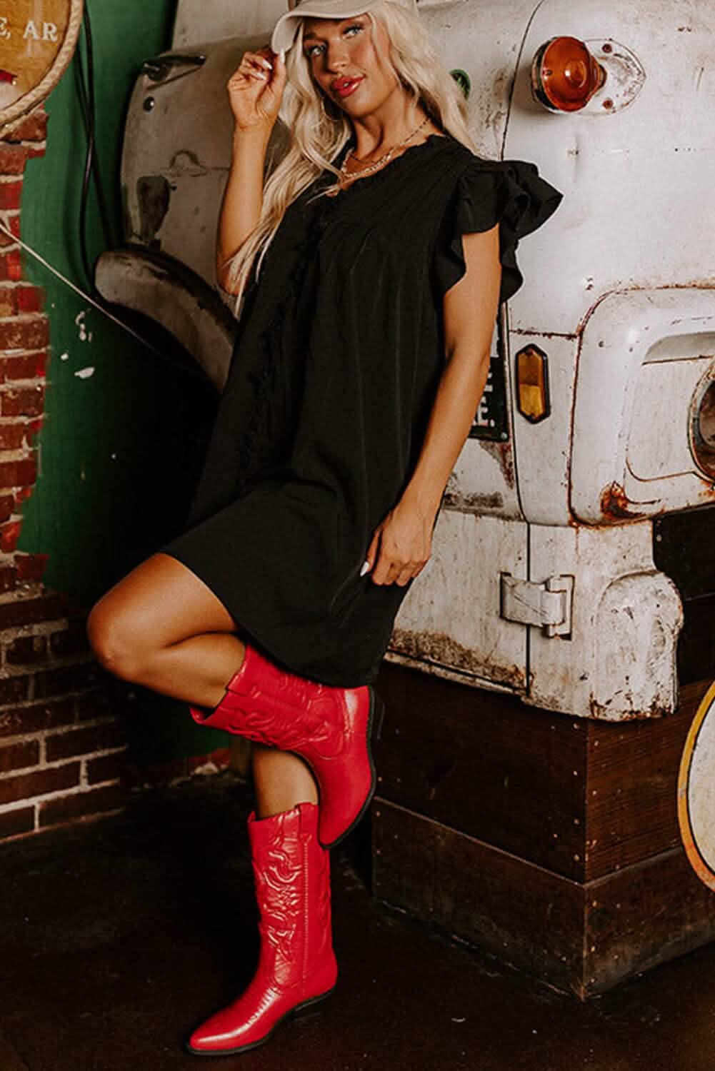 Black Frilled V Neck Pleated Ruffled Sleeve Mini Dress