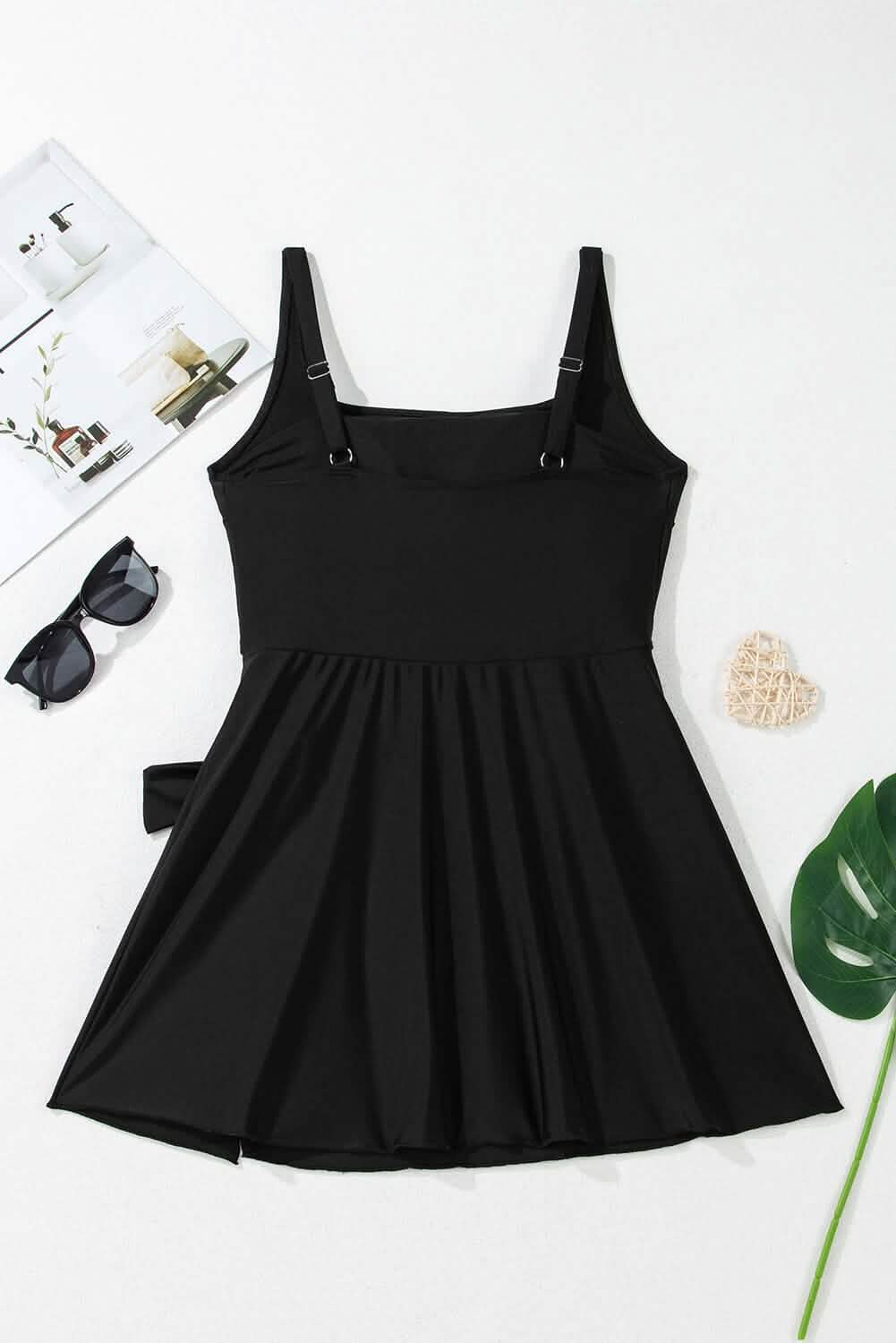 Black Side Tied Waist Square Neck Adjustable Straps A Line One Piece Swim Dress