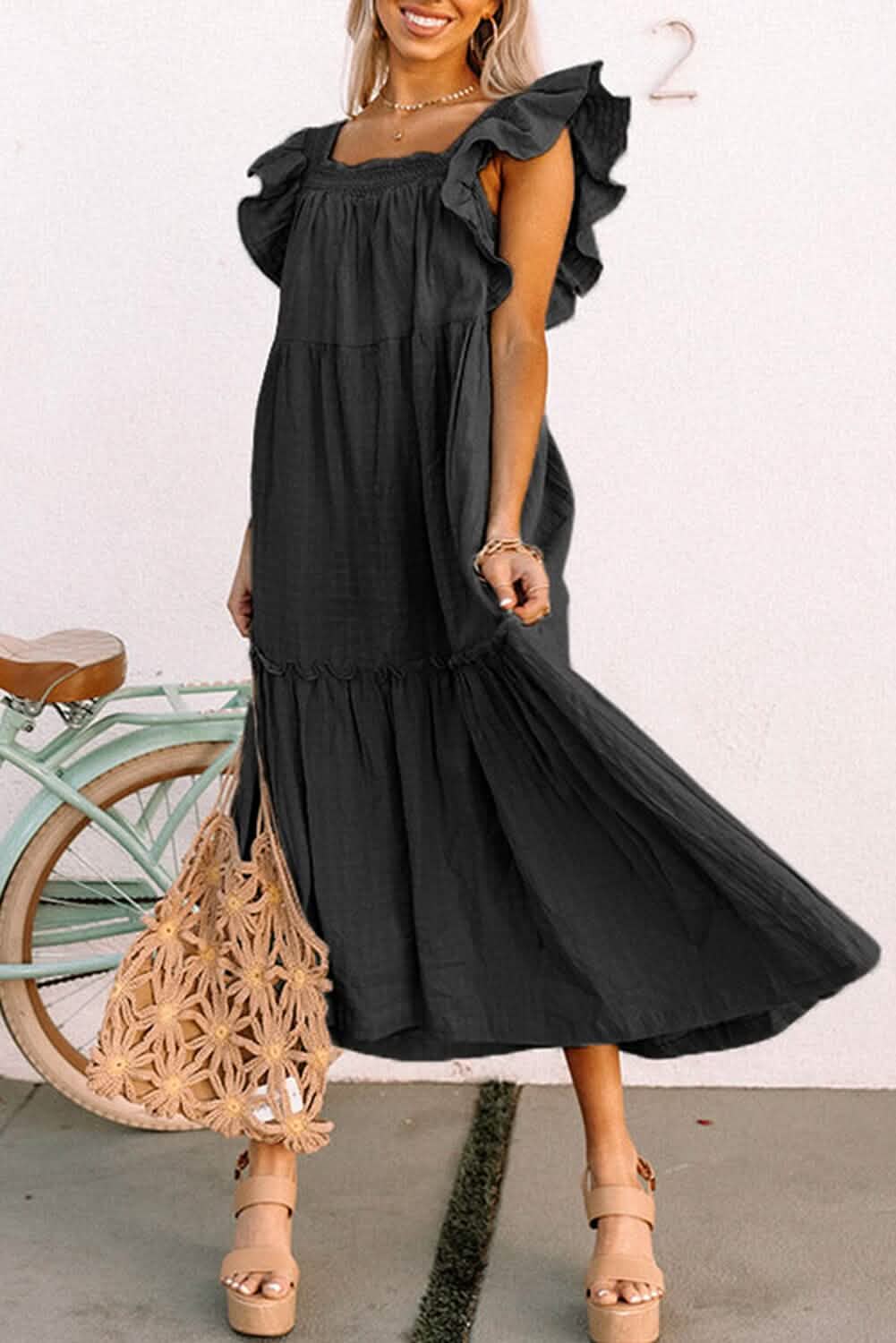 Black Ruffled Flutter Sleeve Square Neck Textured Tiered Maxi Dress