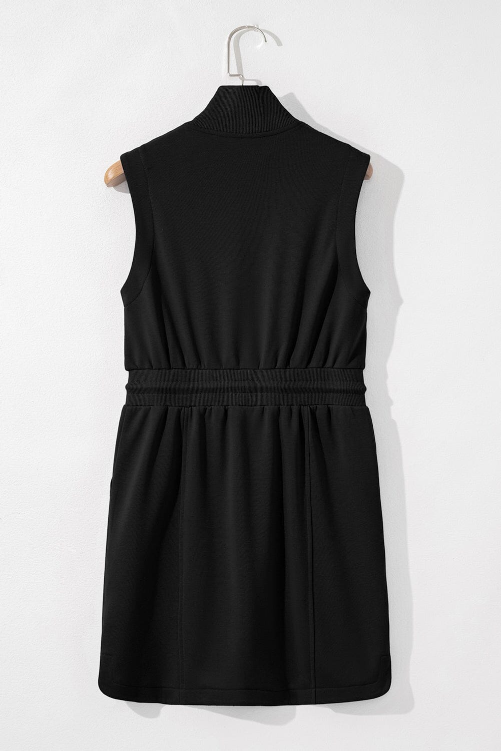 Black Terry Zipped Collar Sleeveless Drawstring Waist Mini Dress