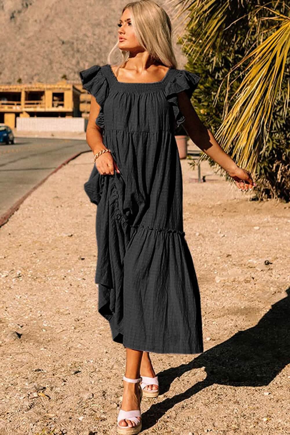 Black Ruffled Flutter Sleeve Square Neck Textured Tiered Maxi Dress