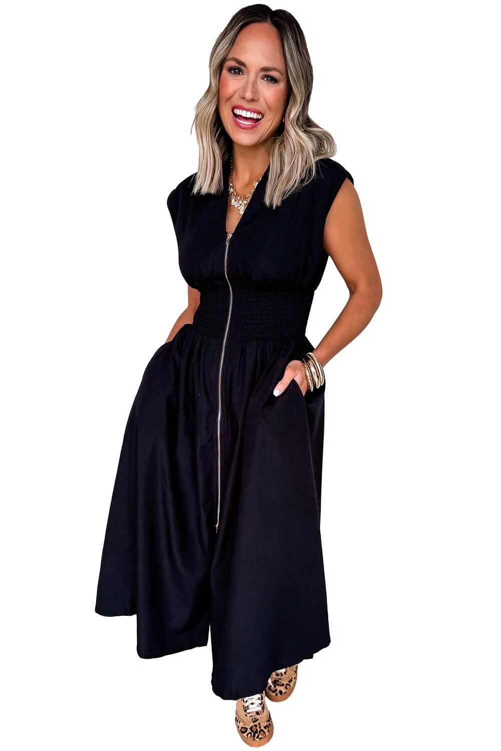 Black Sleeveless Zipped Front V Neck Shirred Waist Midi Dress