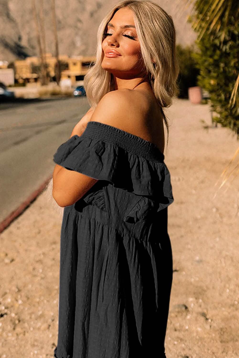 Black Ruffled Flutter Sleeve Square Neck Textured Tiered Maxi Dress