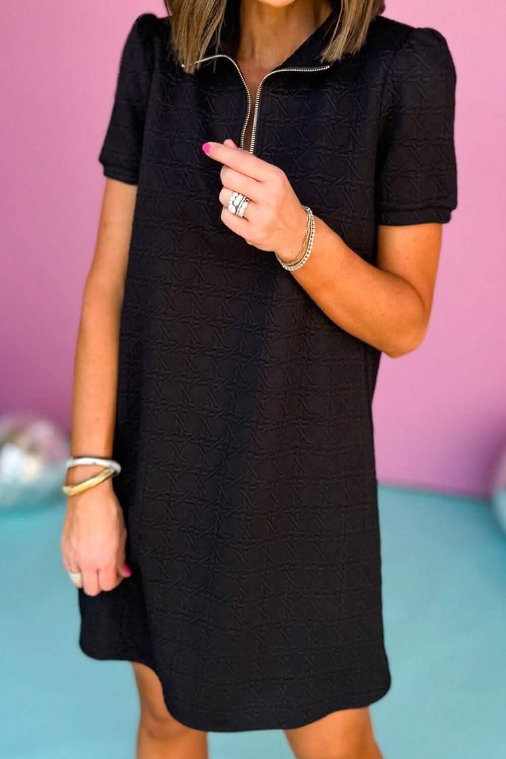 Black Textured Zipped Collar Shift Polo T Shirt Dress