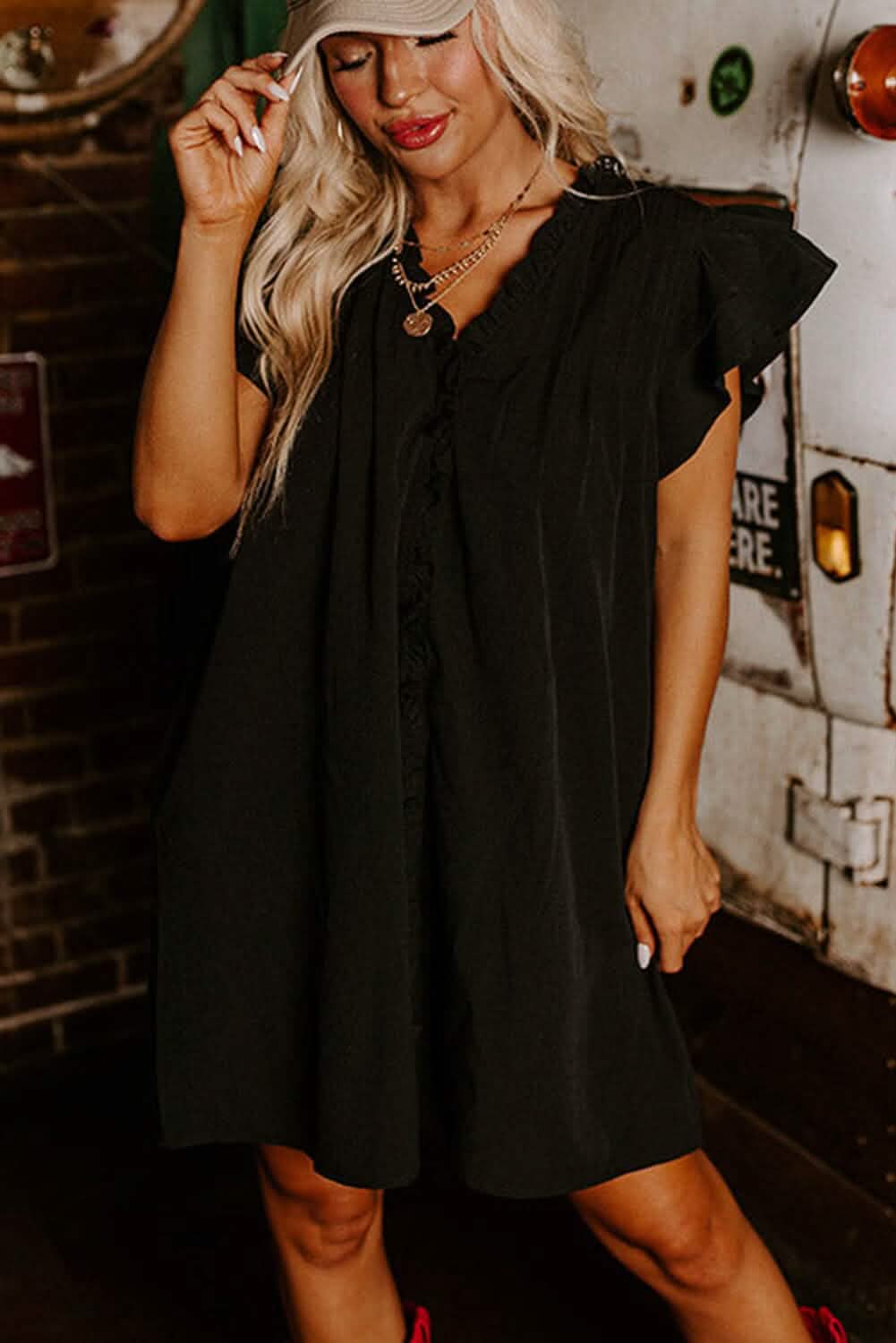 Black Frilled V Neck Pleated Ruffled Sleeve Mini Dress