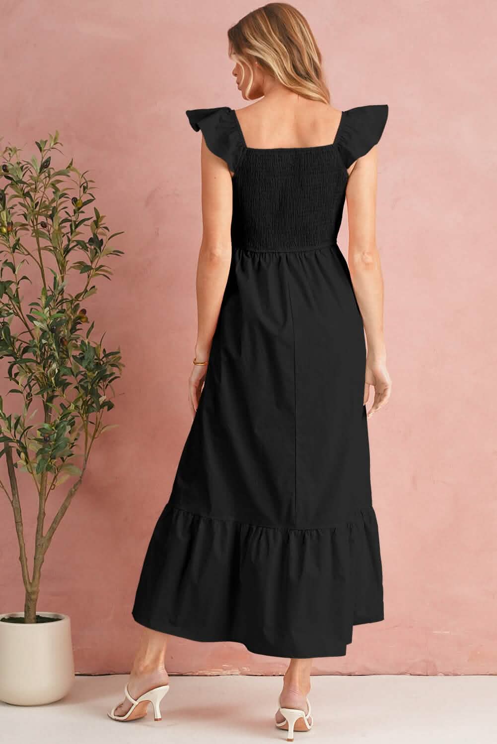 Black V Neck Flutter Sleeve Smocked Bodice High Waist Ruffle Maxi Dress