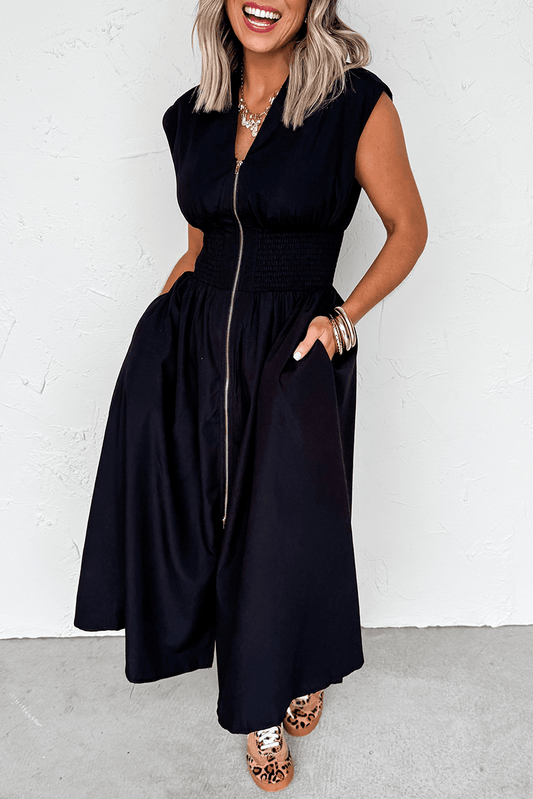Black Sleeveless Zipped Front V Neck Shirred Waist Midi Dress