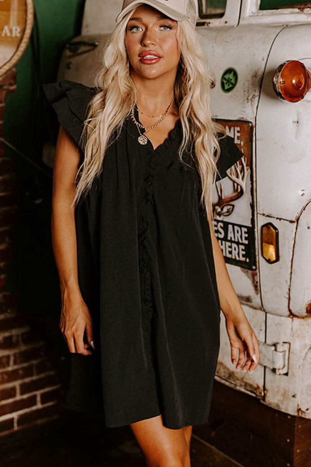 Black Frilled V Neck Pleated Ruffled Sleeve Mini Dress