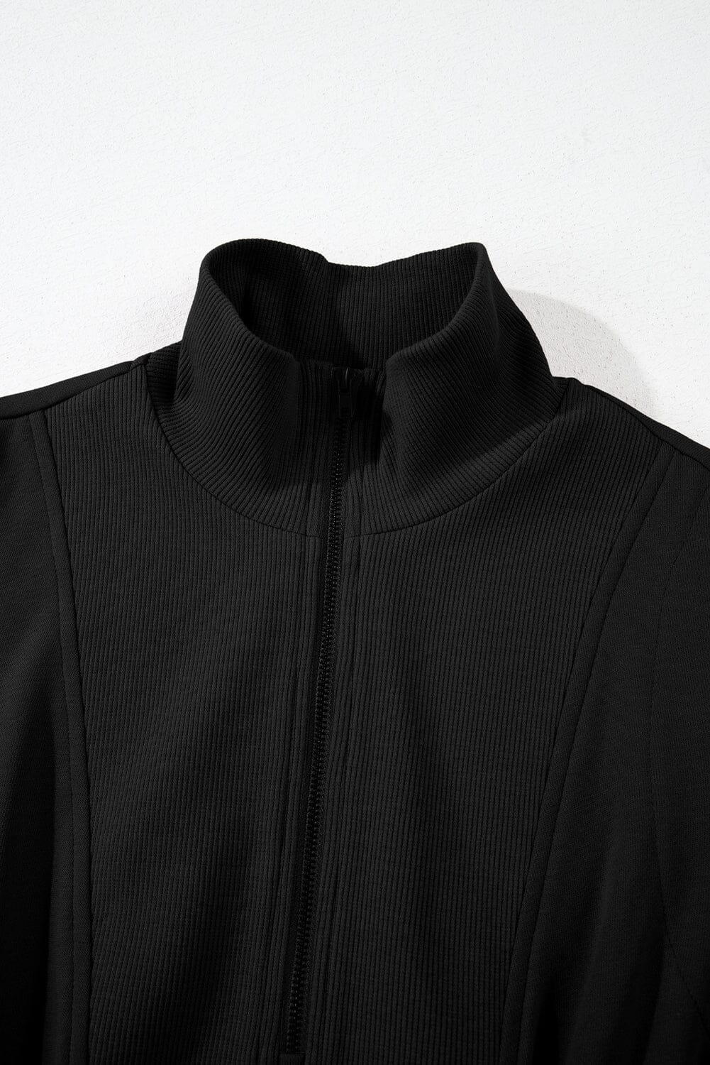 Black Terry Zipped Collar Sleeveless Drawstring Waist Mini Dress