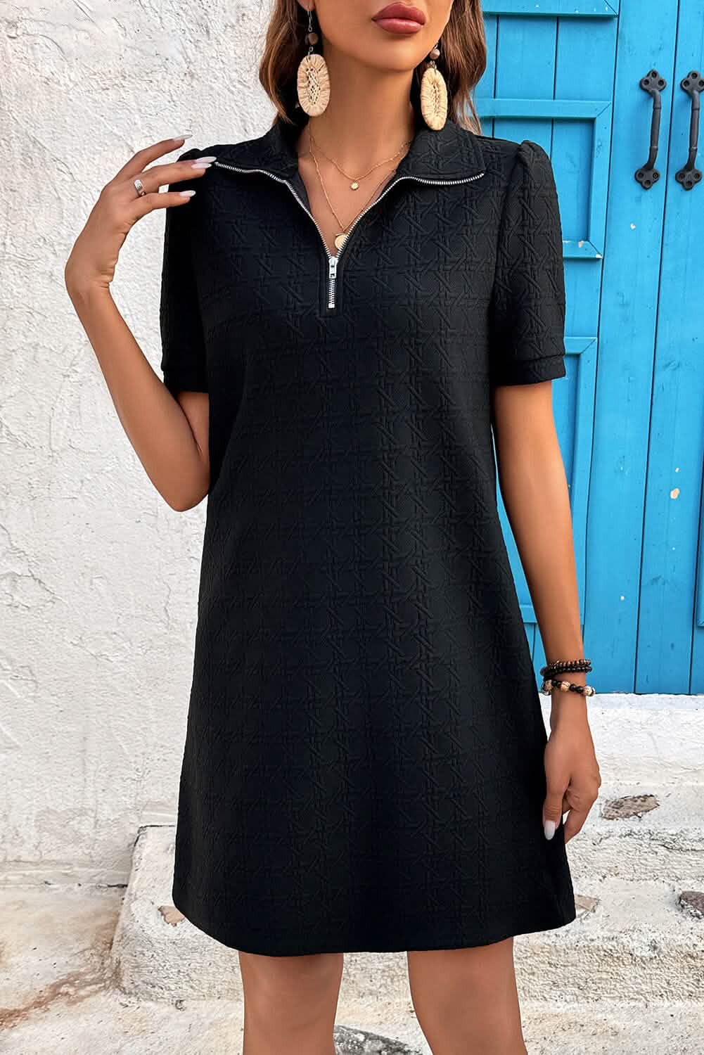 Black Textured Zipped Collar Shift Polo T Shirt Dress