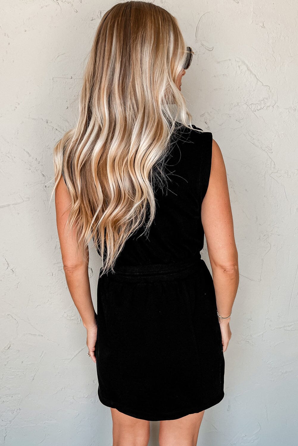 Black Terry Zipped Collar Sleeveless Drawstring Waist Mini Dress