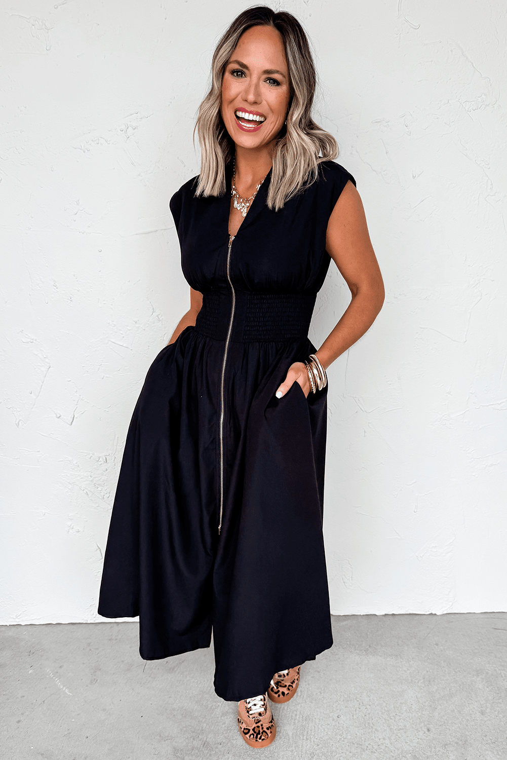 Black Sleeveless Zipped Front V Neck Shirred Waist Midi Dress