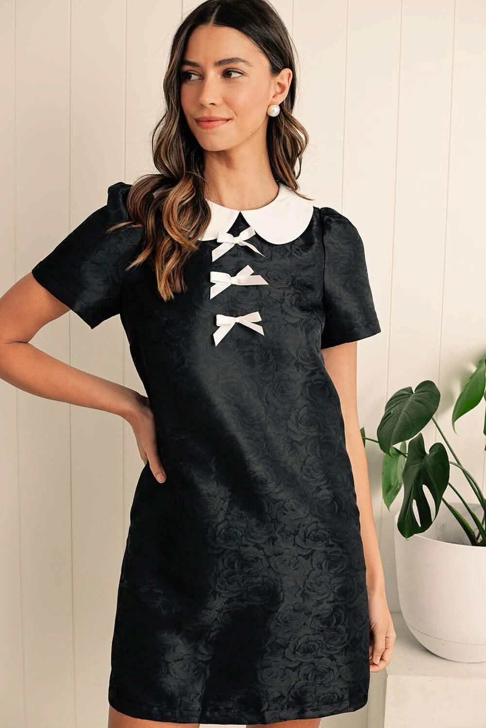 Black Elegant Floral Bow Detail Puff Sleeve Mini Dress