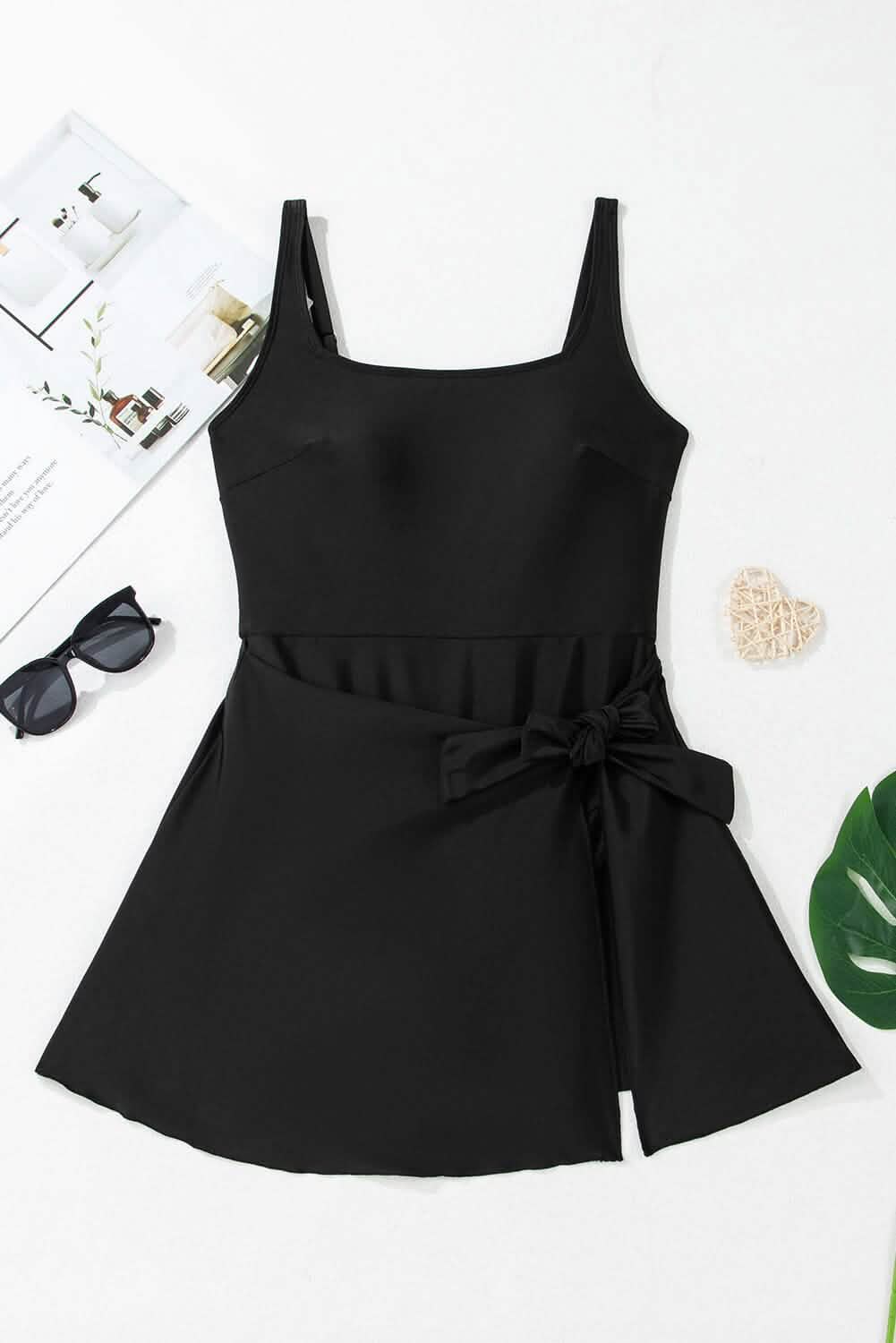 Black Side Tied Waist Square Neck Adjustable Straps A Line One Piece Swim Dress