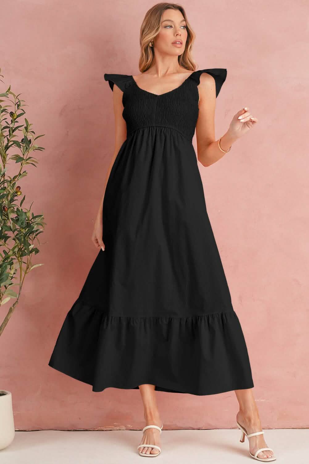 Black V Neck Flutter Sleeve Smocked Bodice High Waist Ruffle Maxi Dress