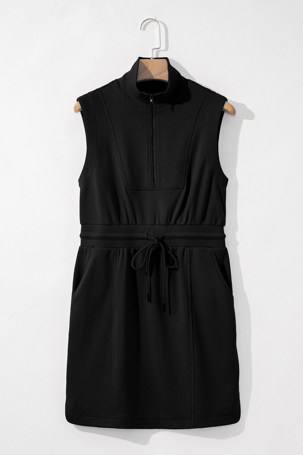Black Terry Zipped Collar Sleeveless Drawstring Waist Mini Dress