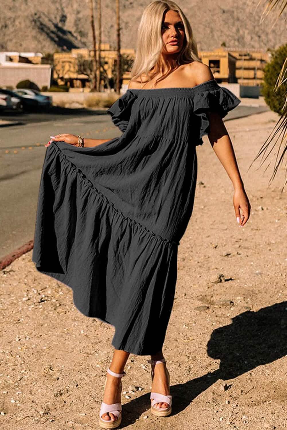 Black Ruffled Flutter Sleeve Square Neck Textured Tiered Maxi Dress
