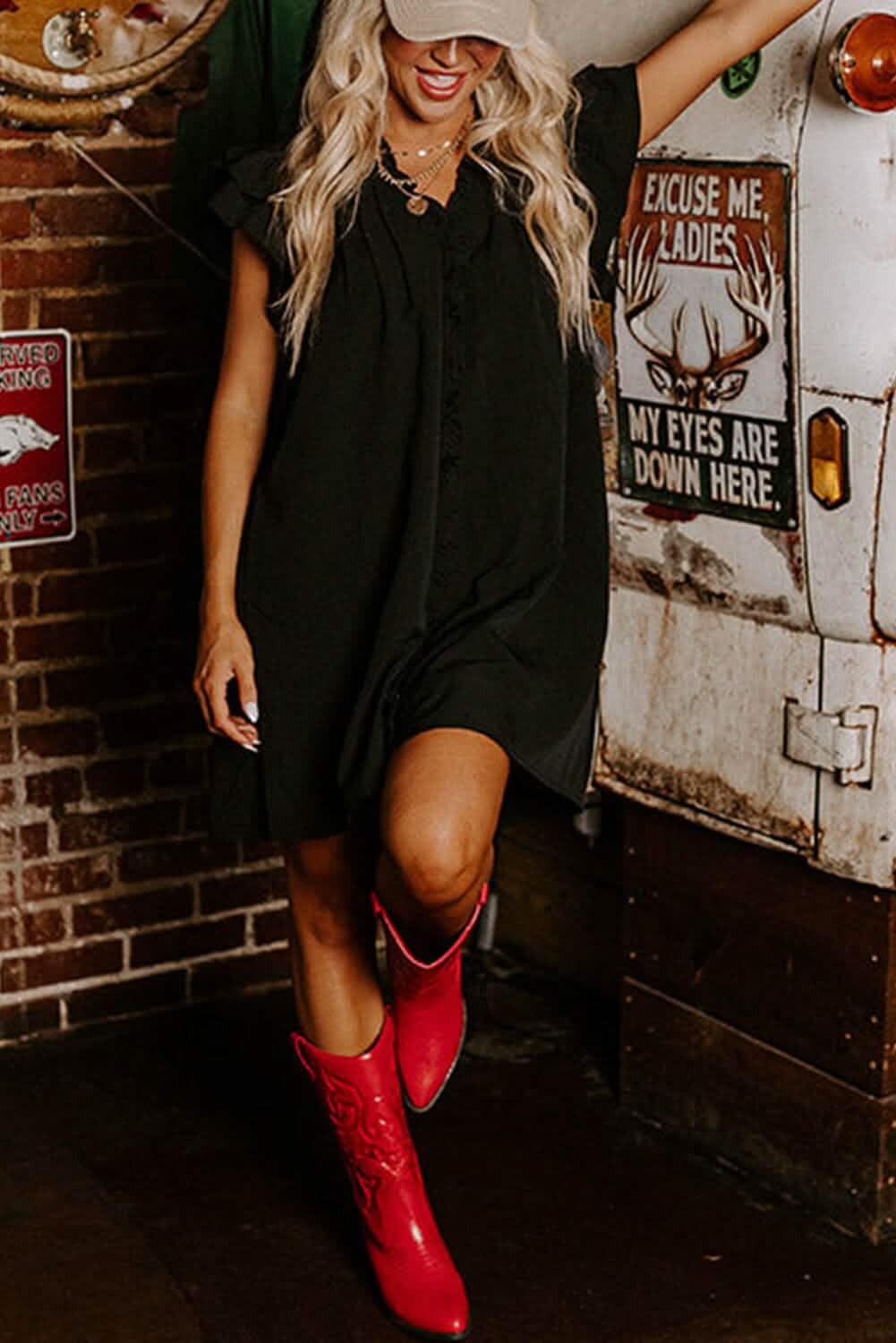 Black Frilled V Neck Pleated Ruffled Sleeve Mini Dress